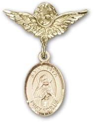 14K Gold Baby Badge with St. Rita of Cascia Charm and Angel with Wings Badge Pin
