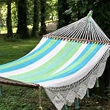 Deluxe Mayan Hammock with Wood Oatmeal, Lime Green, Pastel Blue
