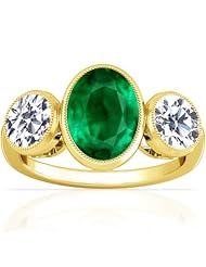 14K Yellow Gold Oval Cut Emerald Three Stone Ring