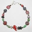 Green Turquoise, Black Onyx and Red Czechoslovakian Glass Beaded Toggle Bracelet with Decorative Sterling Silver Beads, 7 1/2" long, #9401