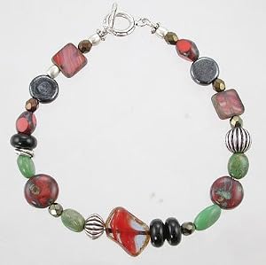 Green Turquoise, Black Onyx and Red Czechoslovakian Glass Beaded Toggle Bracelet with Decorative Sterling Silver Beads, 7 1/2" long, #9401