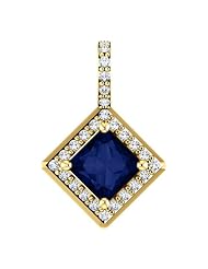 18K Yellow Gold 5.00x5.00mm Princess Cut Sapphire and Diamond Pendant