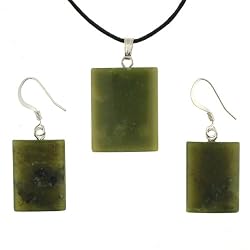 British Columbian Sepentine Jade Dome Rectangle Pendant and Earring Set - Pendant 18mm x 22mm, Earrings 14mm x 18mm - Adjustable Cord Necklace