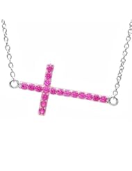 Created Pink Sapphire Side Set Cross Necklace in Sterling Silver ( adustable 16-18in)