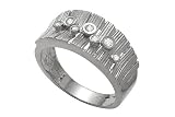 14K White Gold Hand-Crafted Matte-Finish Designer Ring, Enhanced with Clustered Bezel Set Diamonds.