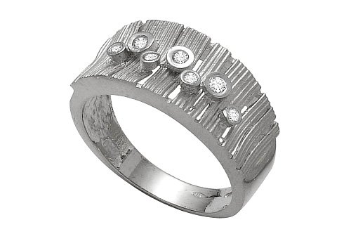 14K White Gold Hand-Crafted Matte-Finish Designer Ring, Enhanced with Clustered Bezel Set Diamonds.