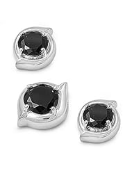Sterling Silver Elegant Round Design Pendant and Earrings Jewelry Set with Black CZ