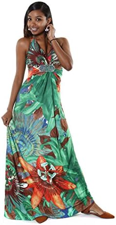 Hadari Women's Multicolored Floral Halter V-neck Maxi Dress