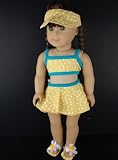 A Yellow Polka Dot Swim Suit Bikini Top and Skirt Bottoms with Visor and Cloth Sandals Designed for 18 Inch Doll Like the American Girl Dolls