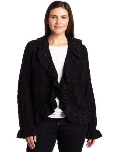 AK Anne Klein Women's Plus Size Long Sleeve Ruffle Front Cardigan, Black, 2X AK Anne Klein Women's Plus Size Long Sleeve Ruffle Front Cardigan, Black, 2X