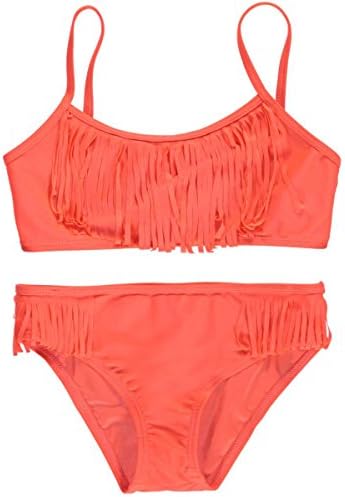 Surf Zone Big Girls' "Feel Free to Fringe" 2-Piece Bikini - coral, 10 - 12