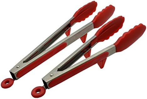 CookEasy Premium Locking Kitchen Tongs and Cooking Utensils – Set of 2 (9-inch & 12-inch) with Built-in Stand – Heat Resistant with Silicone Handles and Tips (Cherry Red)