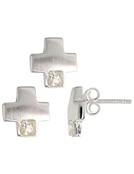 Sterling Silver Matte-finish Greek Cross Earrings (10mm tall) & Pendant Slide (10mm tall) Set, w/ Princess Cut CZ Stones