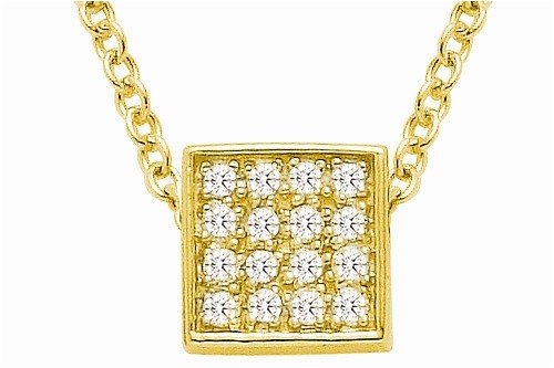 14K Yellow Gold Square-Shaped Pendant, Enhanced With Pave Set Diamonds, Sliding On A 16'' Cable-Chain. ( 0.20 c.t.t.w, GH, SI )
