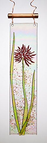 Handmade Red Aster-Dahlia-Bachelor Button Fused Glass Suncatcher Ornament with Rainbow Iridescence