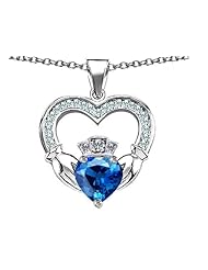 Celtic Love by Kelly (tm) Hands Holding 8mm Crown Heart Claddagh Pendant with Simulated Blue Topaz in 925 Sterling Silver
