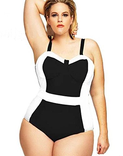 HDE Women's Retro One Piece Swimsuit Plus Size Padded Halter Vintage Swimsuit (Black-White Monokini, X-Large)