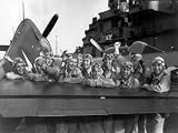 US Navy Pilots Give Grinning Group Portrait Across Tail of F-6F Hellcat on Board USS Lexington Photographic Poster Print