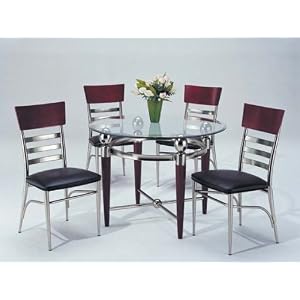 5pc Metal and Wood Dining Table and Chairs Set Silver Cherry Finish by