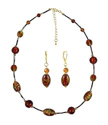 Necklace - Earrings Set - N320 - Murano & Glass Beads + Matching Earrings ~ Brown and Gold
