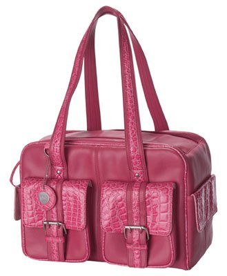 Jill.e Weatherproof Medium Pink Leather Camera Bag with Accented Crock Pattern Trim Exterior, Velcro Divider Interior.