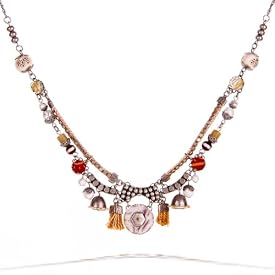 Ayala Bar Fabric and Beads Necklace - The Hip Collection - in Sunset, Sand, Soft White and Silver Tones #9252 ANK ONK