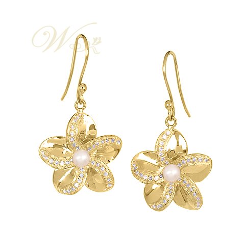 Plumeria Flower 14k Yellow Gold and Diamond French Wire Earring