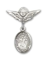 Sterling Silver Baby Badge with St. Bernard of Clairvaux Charm and Angel with Wings Badge Pin