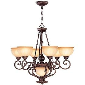 Lite Source C7938 Maxine 6/1 Ceiling Lamp, Antique Bronze with Light Amber Glass