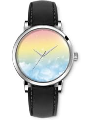SPRAWL Aanalog Fashion Series Silver Ladies Watches of Genuine Black Leather Strap,Unique Wrist Watch for Women Girls Designed with Rainbow from Heaven