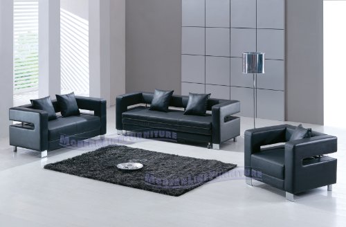 Modern Black Leather Sofa (Sleeper), Loveseat, 