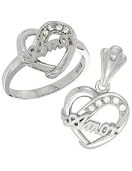 Sterling Silver AMOR Heart Ring & Pendant Set CZ Stones Rhodium Finished