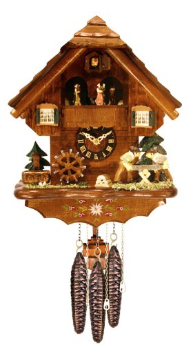 River City Clocks MD480-14 One Day Musical Cuckoo Clock Cottage with Dancers, Men Sawing Wood, And Waterwheel, 14-Inch Tall