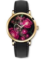 SPRAWL Aanalog Fashion Series Gold Ladies Watches of Genuine Black Leather Strap,Unique Wrist Watch for Women Girls Designed with Growing Roses