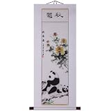 Hand-Painted 48" Oriental Wall Art Scroll - Autumn Chrysanthemum & Pandas With White Border