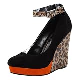 Itz01 Ankle Strap Colorblock Wedge Heels LEOPARD