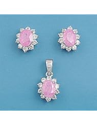 Sterling Silver Elegant Wreathed Design Pink Oval Pendant and Earrings Jewelry Set with Clear CZ
