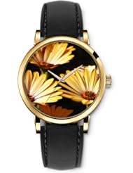 SPRAWL Aanalog Fashion Series Gold Ladies Watches of Genuine Black Leather Strap,Unique Wrist Watch for Women Girls Designed with Golden daisy