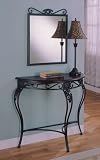 All new item 3 pc pack black metal finish hall console table with cherry wood finish top , mirror and lamp