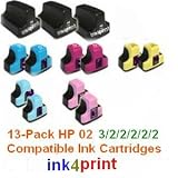 13-Pack HP 02 Compatible Ink Cartridges 3-BLACK, 2 CYAN, 2 MAGENTA, 2 YELLOW, 2 LIGHT CYAN, 2 LIGHT MAGENTA for Photosmart D7360 D7460 8250 D7260 D7160 C5180 C6180 C6280 C7180 C7280 C8180