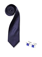 SILVIO SILVANI Pack Corbata Lisa Azul Marino + Gemelos Con Piedra Azul Oscuro