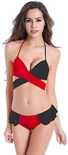 Womens Cross Double Colored Top and Skirted Bottom Bikini Set