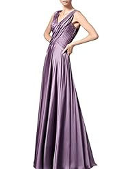 A-line V-neck Cocktail Floor Length Sleeveless Beaded Backless Satin Homecoming Dress/Pageant Dress/Prom Dress/Party Dress/Wedding Dress 