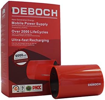 Universal External Battery Pack Deboch® X6000 (6000mAh) (Power Bank, Portable Charger, Charging Station), Safe Lithium Iron Phosphate Battery; Up to 2000 lifecycle charges; 10 years of Durability; Fast Charge, Compatible with Apple iPhone 6 Plus, 6, 5S, 5C, 5 (Lightning Cable not included), 4S, iPad, Air, Mini, iPods; Samsung Galaxy S5, S4, S3, Note, Nexus, HTC, GoPro and Other USB Charged Devices (Red)