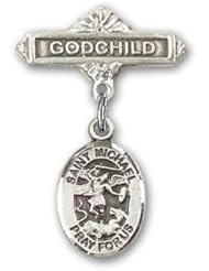 Sterling Silver Baby Badge with St. Michael the Archangel Charm and Godchild Badge Pin