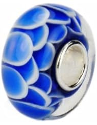 Cobalt Blue Waterlily Murano Lampwork Glass Bead Charm Solid 925 Sterling Silver Core Compatible with Pandora Trollbeads Chamilia European Charm Bracelet