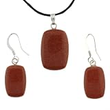Brown Goldstone Rectangular Pendant and Earrings Set - Pendant (15x22mm) - Earrings (12x18mm) - Adjustable Cord Necklace