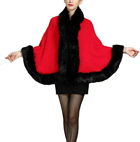 Women's Faux Fox Fur Shawl Cloak Coat- knit cape cardigan jacket (tender red)