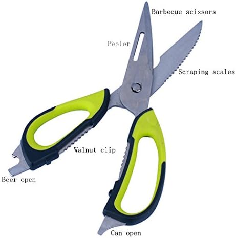 YamiCook Food Grade Multi-Functional Kitchen Scissors, Stainless Steel Checkered Shears with Soft Rubber Grip and Magnetic Sorage Shealth-Green.