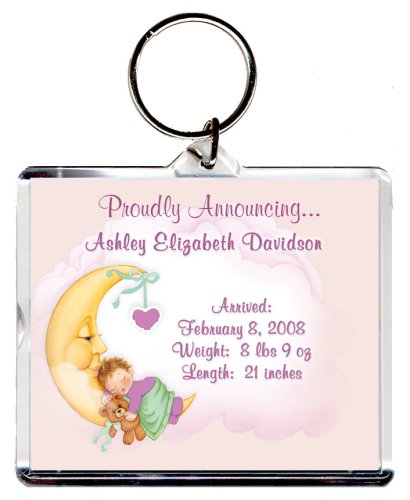 Too Cute Birth Announcement Photo Key Chain, Personalized, 2.75 x 3.25 - Baby in the Moon (Girl)